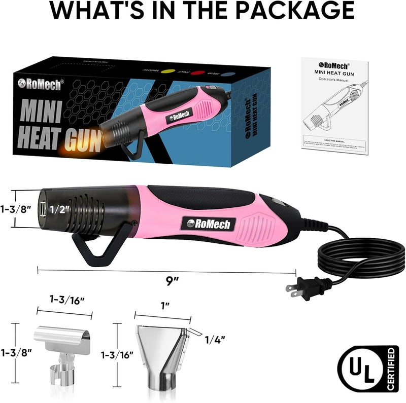 ROMECH 350W Heat Gun with 2 Nozzles, Dual Temp Heat Gun 400°F-660°F, Fast Heat Hot Air Gun with Overload Protection for DIY Craft Embossing Shrink Wrapping (Pink) - Image 4